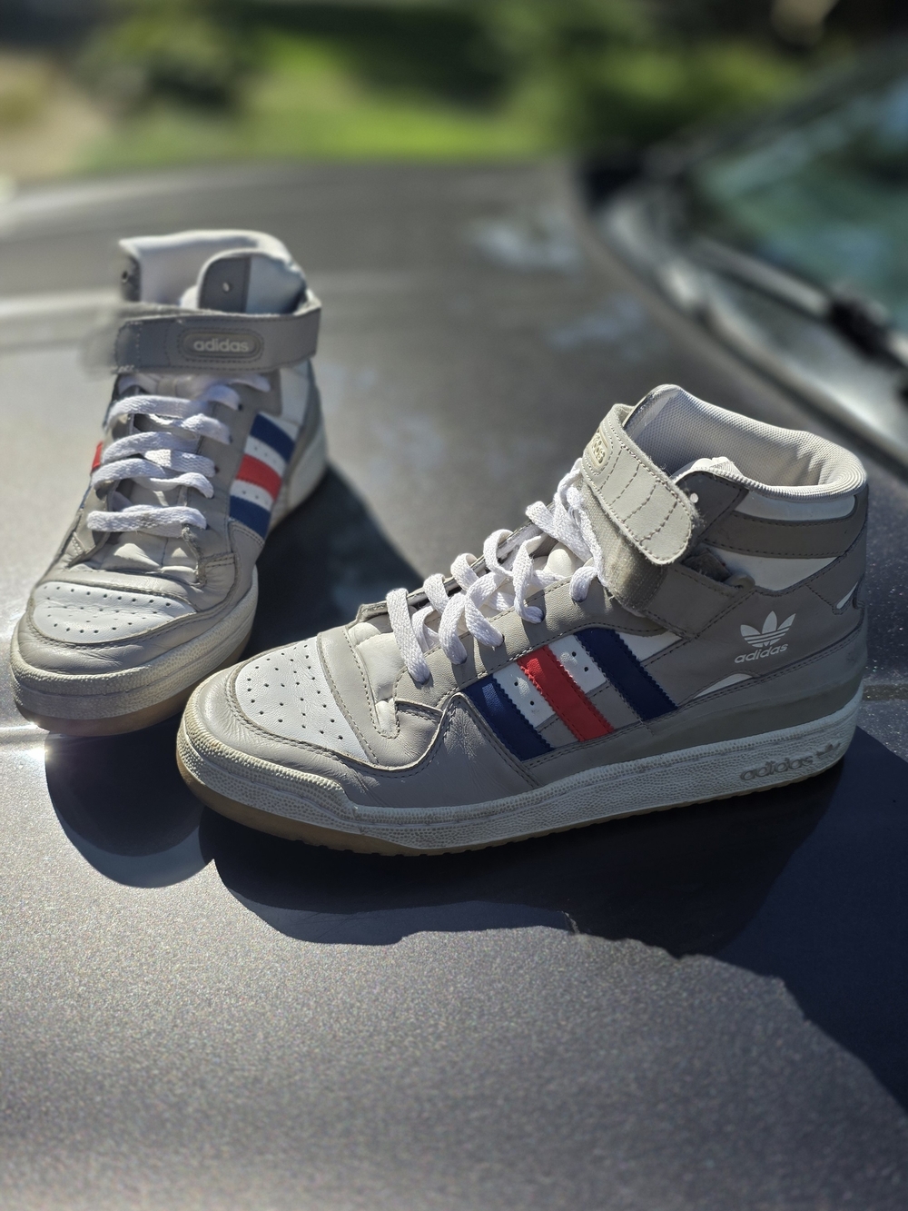 Adidas Men's High-Top Sneakers in White with Blue & Red Stripes